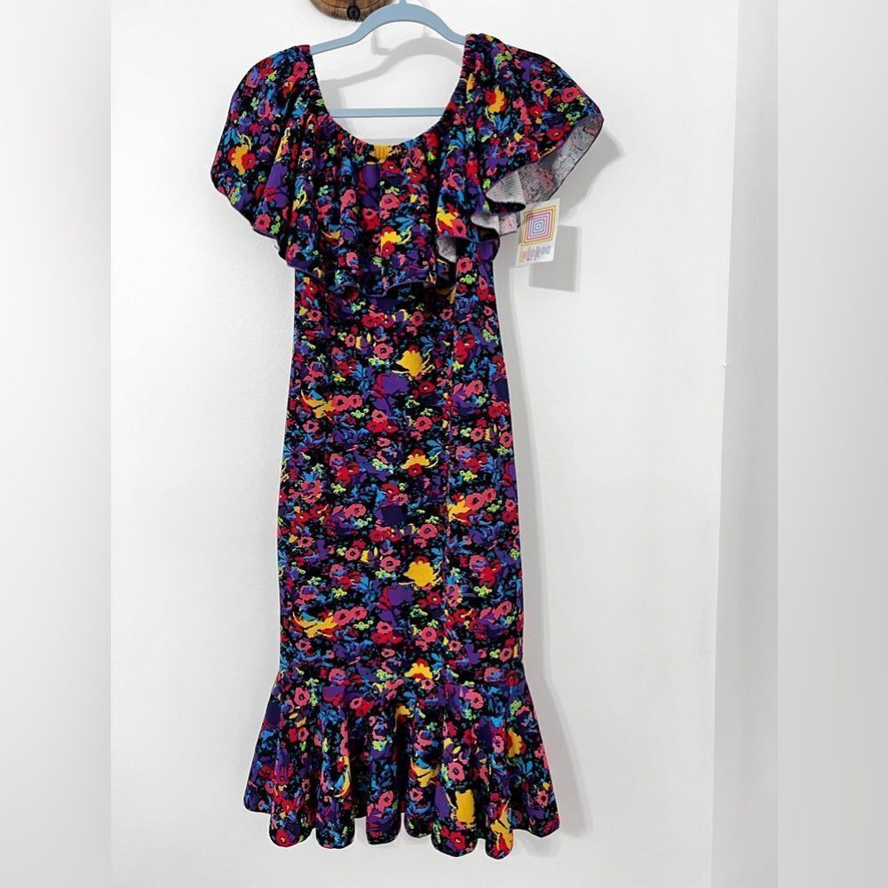 LulaRoe Cici Dress Floral Ruffle Off Shoulder Neon Flowers Medium